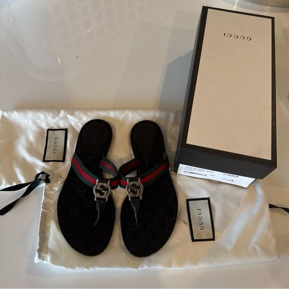 Gucci GG Web Stripe Thong Sandals EU 37.5 US7.5 Black Stripe Flip Flop Slides - Picture 2 of 7